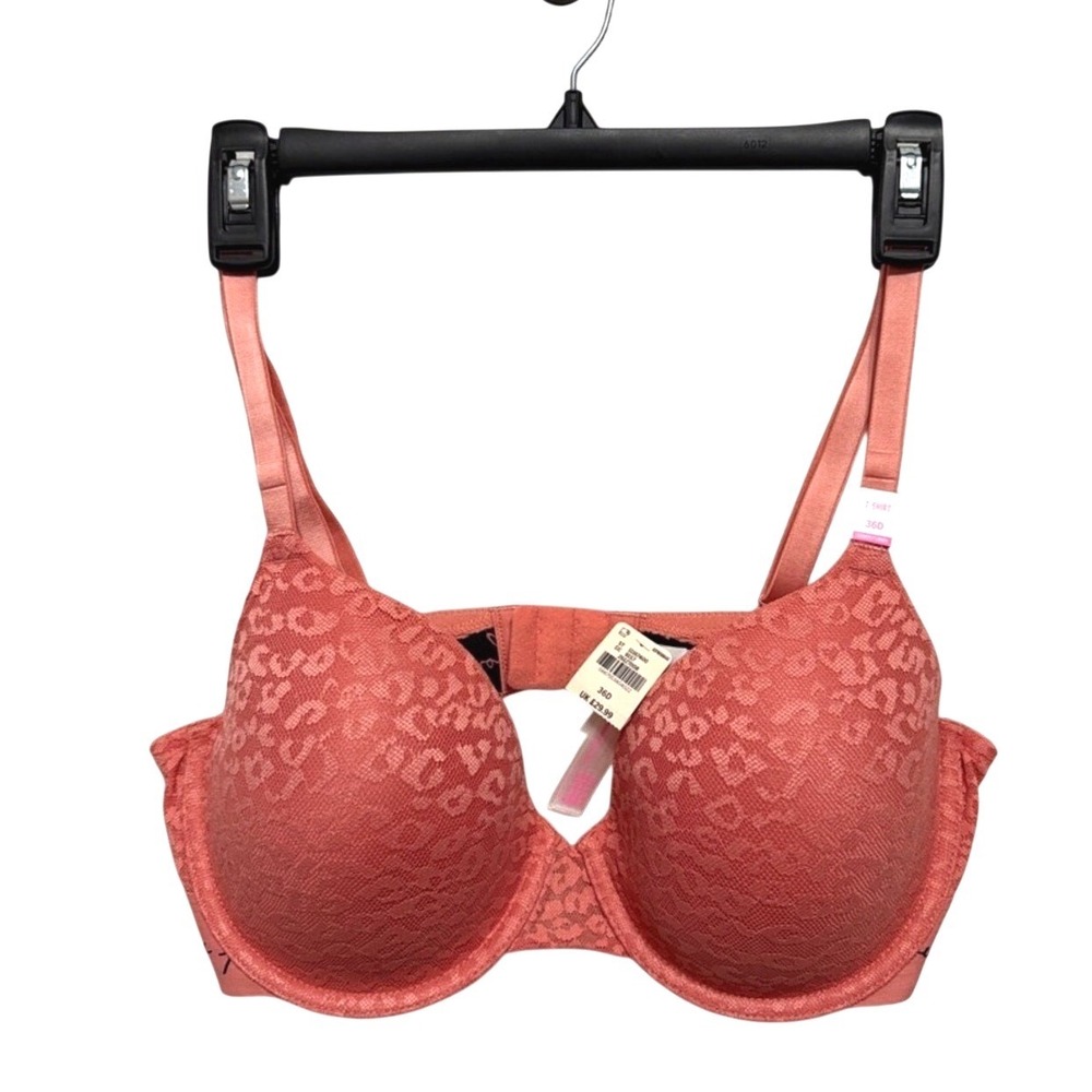 Pink Victoria's Secret Coral Leopard Lace T-Shirt Bra Women 36D